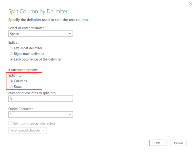 The Split Column by Delimiter dialog is displayed with Advanced options highlighted.