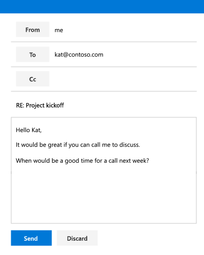 Animated image showing Cortina being added to the CC: field to take over the scheduling of a phone conference to kick off a project.