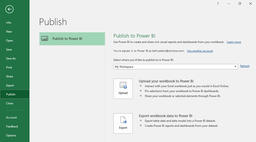 Image showing how easily you can publish Excel data to Power BI. The Publish screen is displayed.