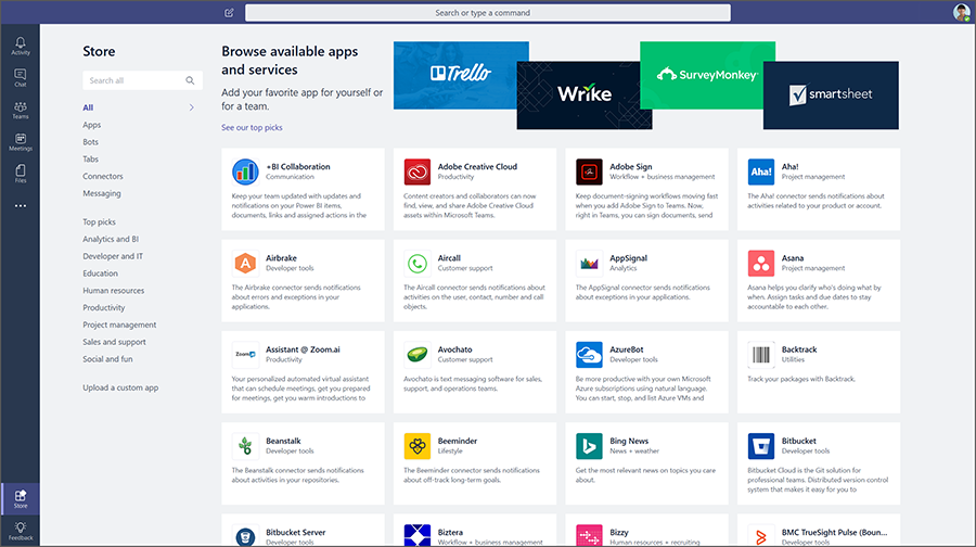 Screenshot displays how you can discover apps and integrations for Microsoft Teams in the new Store.
