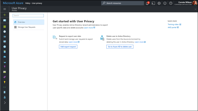 Screenshot of the "Get started with User Privacy" page in Microsoft Azure.
