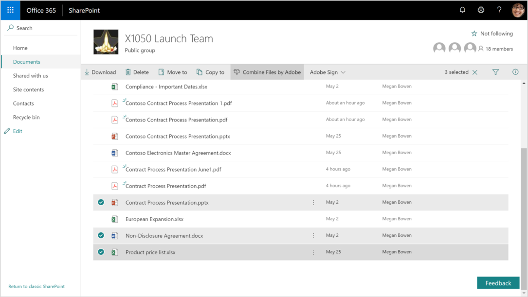 A screenshot displays documents in SharePoint. A Word, Excel, and PowerPoint have been selected and are ready to combine.