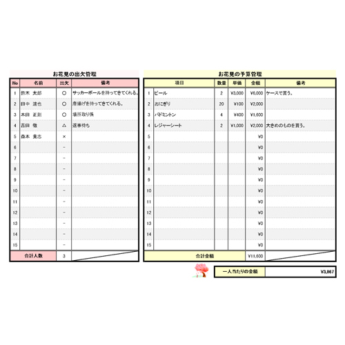 予算管理表 (お花見・出欠管理) 画像スライド-1