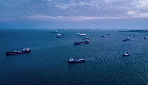 Schiffe vor dem Hafen Singapores 