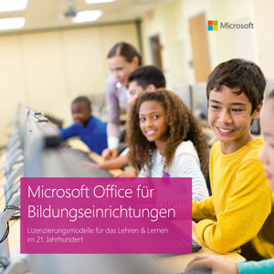 Ein Bild mit lächelnden Kinder im Hörsaal mit einem Schriftzug: Microsoft Office für Bildungseinrichtungen. Microsoft Office-Lizenzierungen für Bildungseinrichtungen.