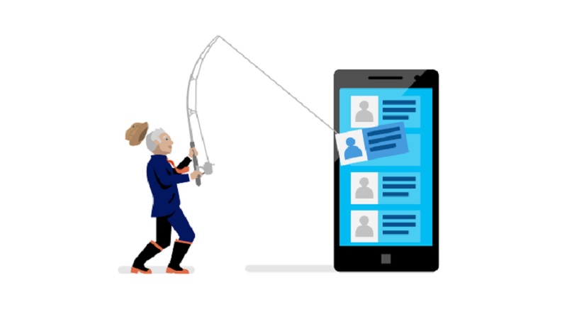 Phishing & Co. – Warum Unternehmen in Puncto Sicherheit umdenken sollten Eine Grafik die einen Mann zeigt, der mit einer Angel nach Daten fischt