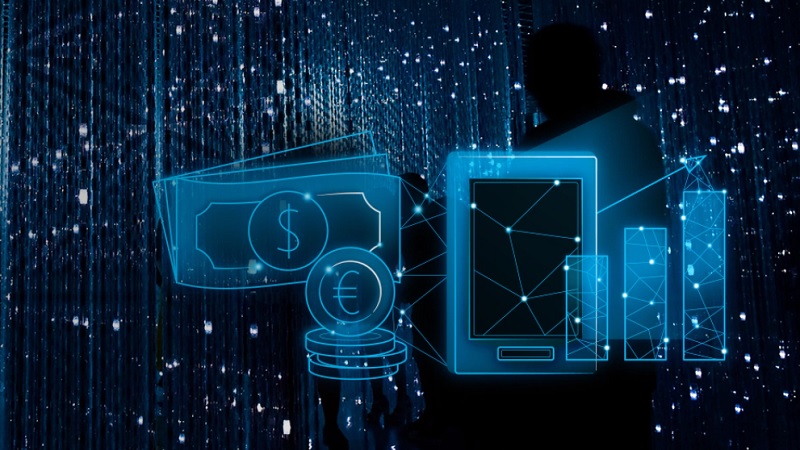 Schematische Darstellung von Bankgeschäften auf schwarzem Hintergrund