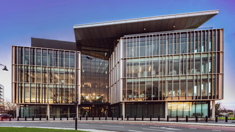 Microsoft headquarters with the UK flag and Pride flag