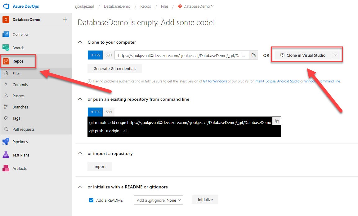A screenshot of the Repos overview page, with the Clone in Visual Studio button highlighted.