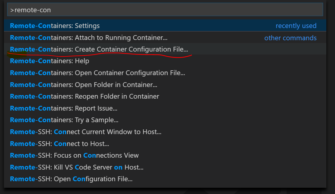 Creating a Container Configuration File from the command palette: