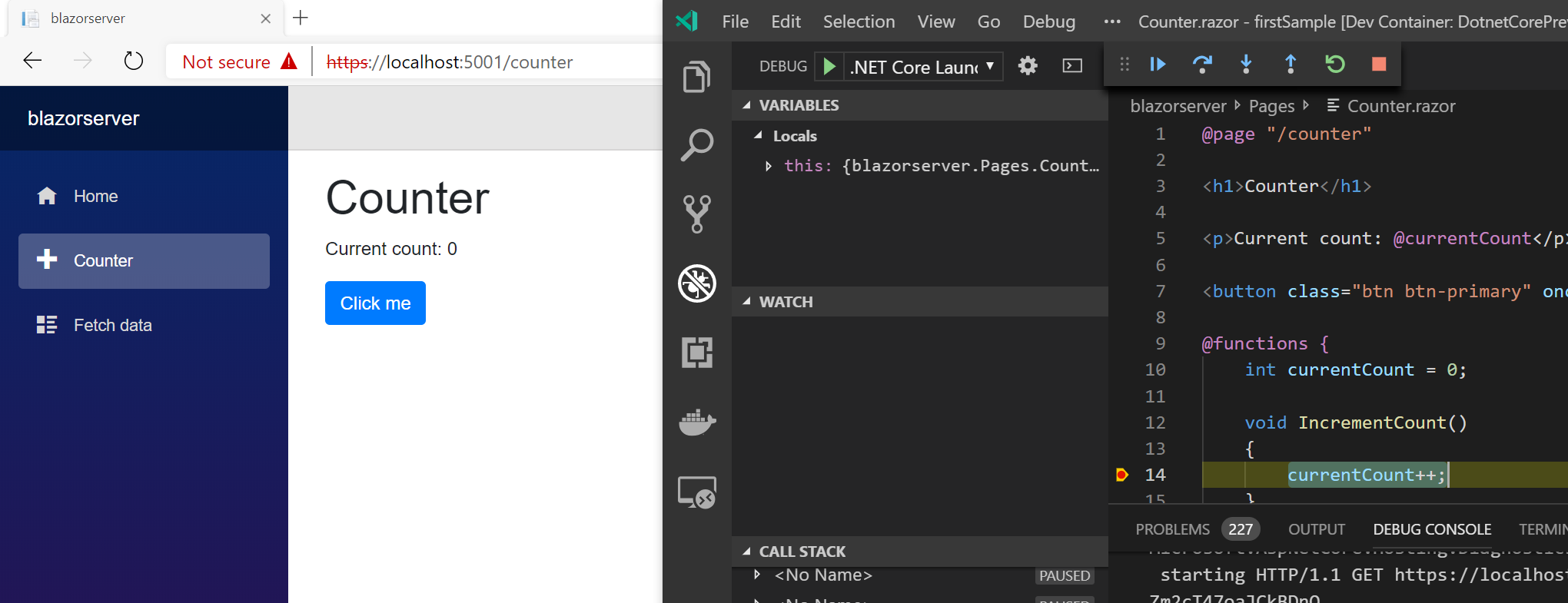 Setting a breakpoint in a .razor page file
