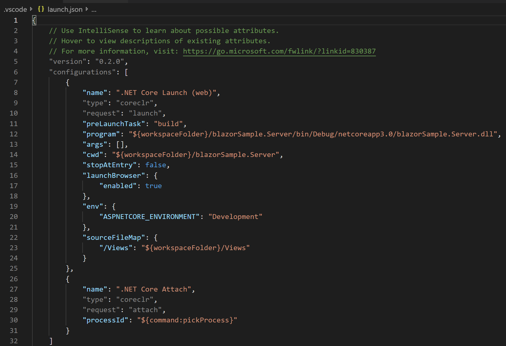 Pressing F5 to select the .NET Core template and creating the proper launch.json file