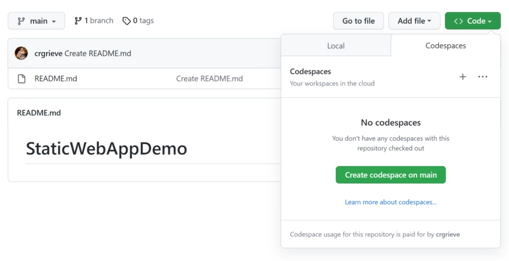 A screenshot of the newly created repository.