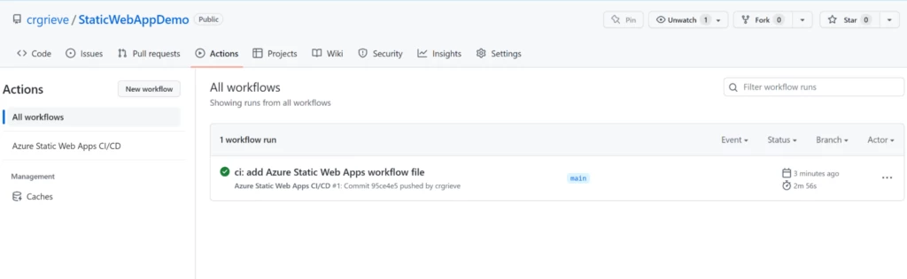 The actions tab on GitHub of the new deployment.