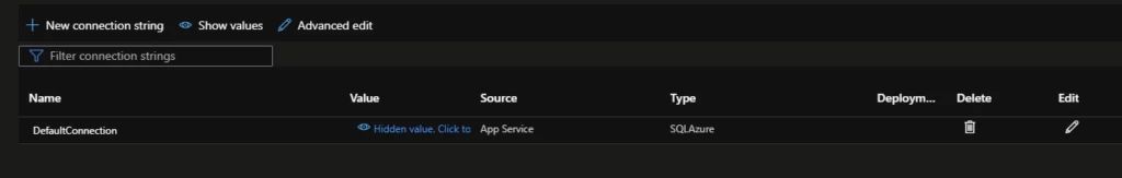 The Connection String dialog, populated by a DefaultConnection.