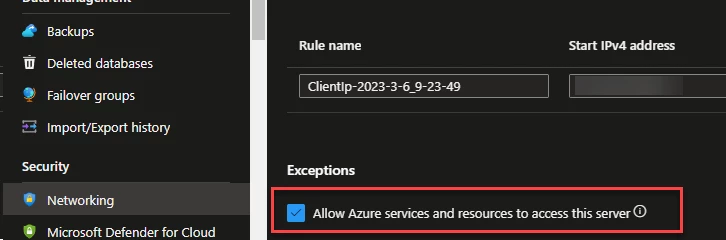 A checkbox for 'Allow Azure services and resources to access this server' that has been checked, in the Networking section of the menu.