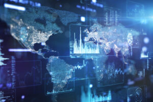 Futuristic data screen and hologram world map