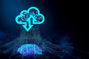 3D technology illustration Fingerprint scanner with cloud integrated with a printed circuit board. release binary code.