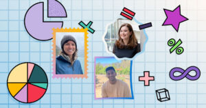 A collage of images and graphics, images are of three people