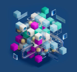 A cube made up of many smaller cubes, some containing balls, with tubes leading into and out of the larger cube