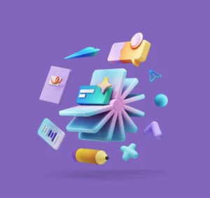 Illustration of a Rolodex rotating card file device surrounded by objects including a pencil, a paper airplane and various shapes.