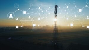 Cell tower connecting people and message icon