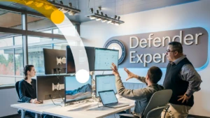 a man and a woman standing in front of a computer