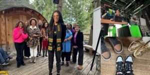 Collage of 3 photos Top right A view of a person sitting at a desk with multiple computer monitors in what appears to be a control room with a lot of technical equipment. Bottom right 3 different types of colorful sneakers Left A group of people standing on a wooden deck smiling for the camera with trees in the background