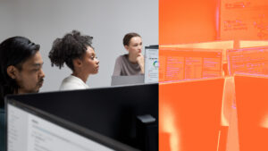 Three people looking at computer screens overlayed with block of orange color.