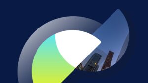 A city skyline seen through a colorful circle