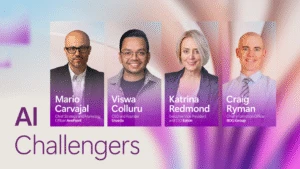 A decorative graphic with four headshots of business leaders on a purple and orange background with the text "AI Challengers" on the bottom left.