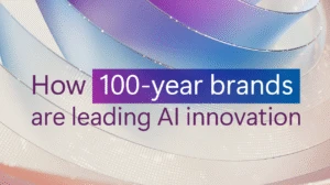 Abstract background with text that reads "How 100-year brands are leading AI innovation"