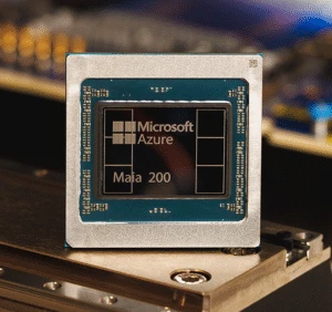 Computer chip embedded with the words Microsoft Azure and Maia 200.