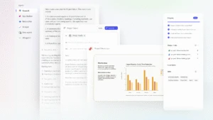 A collection of Copilot Cowork outputs including an email template, bar chart of impact results, and project progress tracker with a folder of project assets.