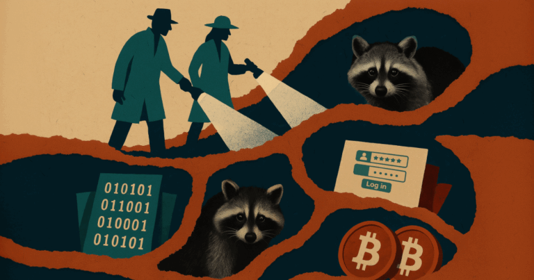 An illustration of silhouetted investigators shining flashlights toward an underground maze where raccoons sit among Bitcoins, computer code, and login credentials.