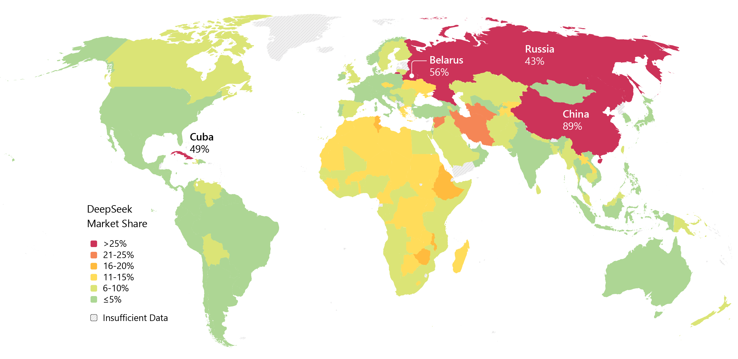 A world map showing the percentage of market share for DeepSeek by country