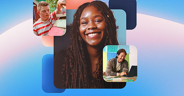 Collage showing three people on a gradient