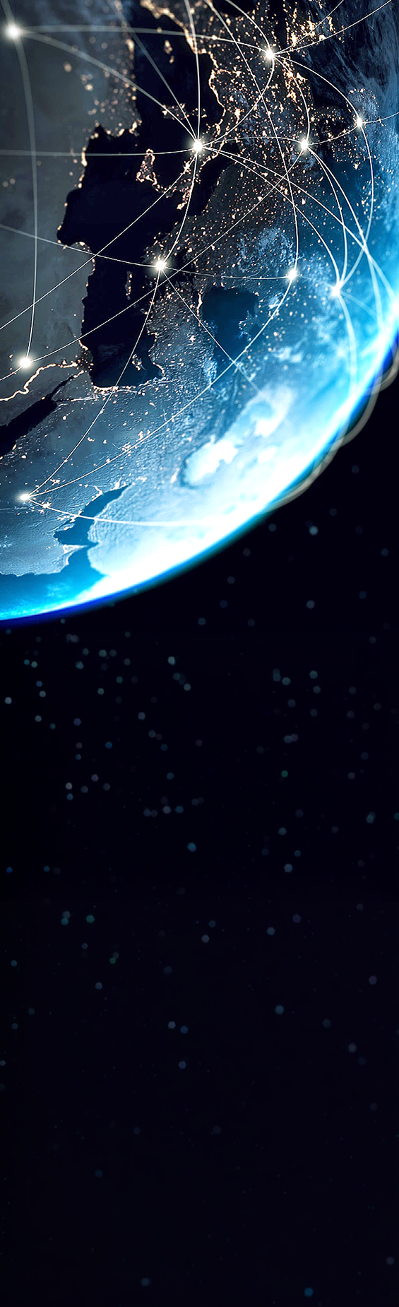 A view of Earth from space with illuminated network lines connecting different locations across continents