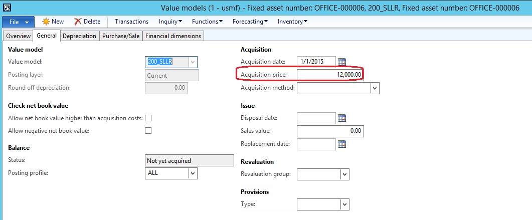Value models, fixed asset number, acquisition price.