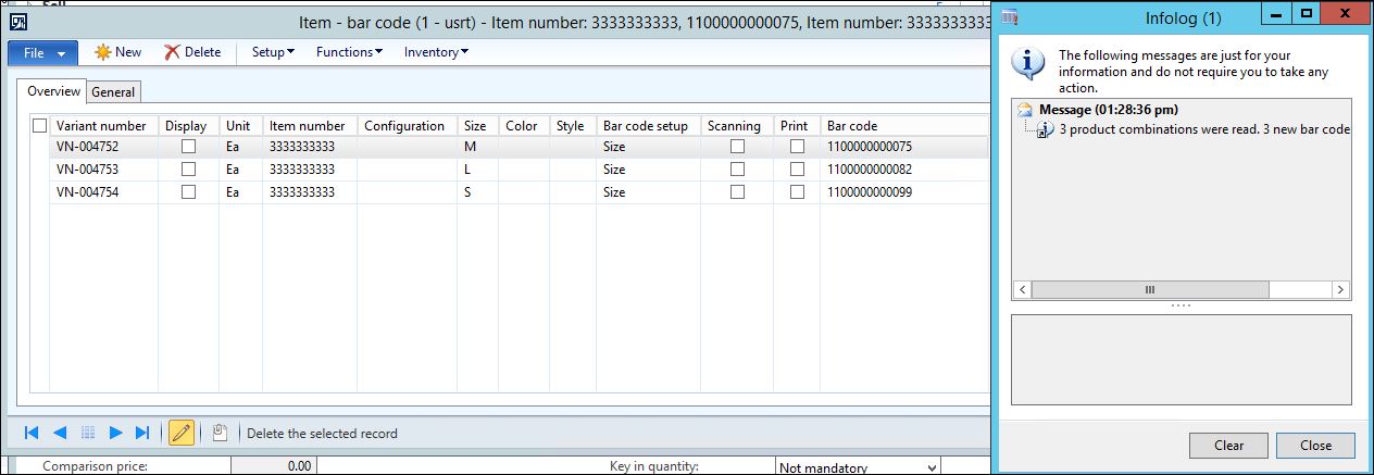 Item bar code, item number.