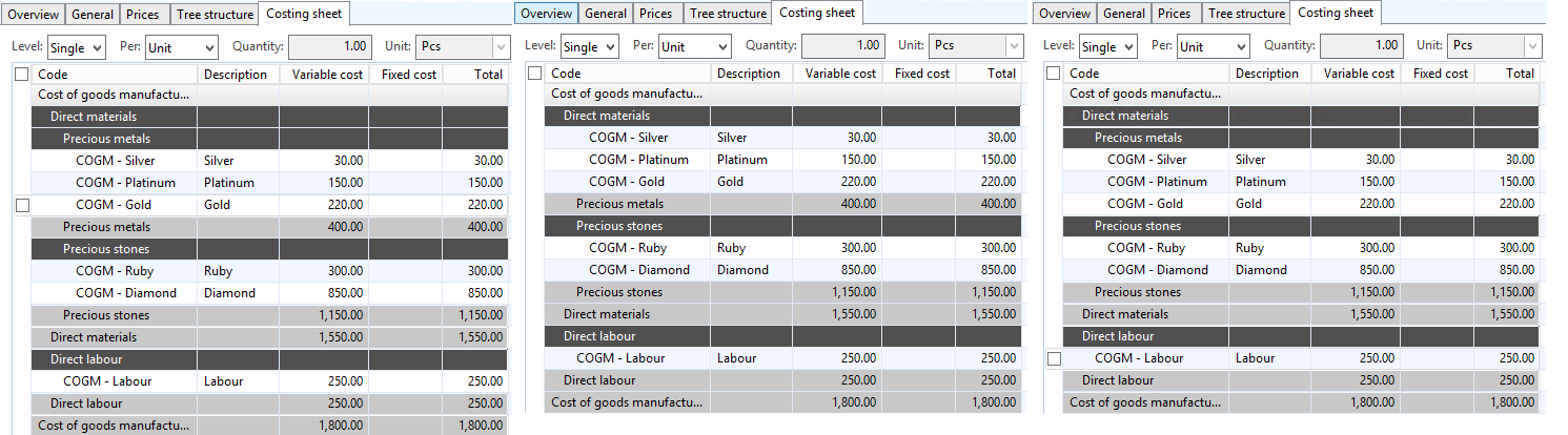 Comparison between the costing sheet with different header and total settings for the Precious metals group.