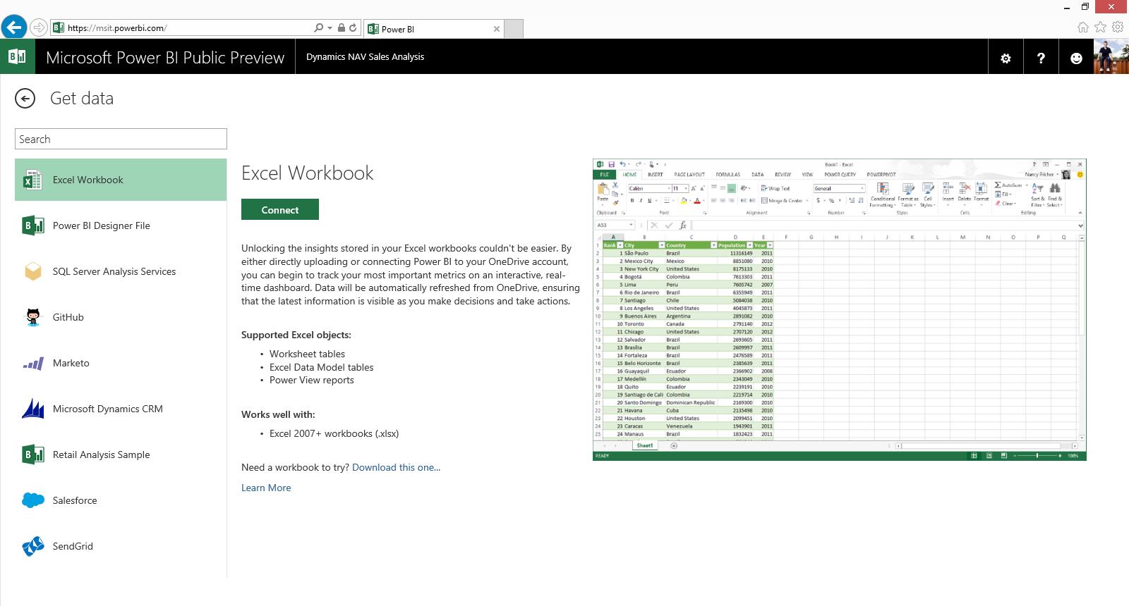 Import the spreadsheet by clicking get data.
