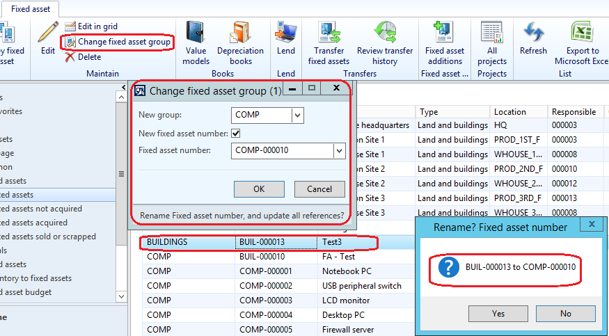 Dialog box indication the rename and fixed asset.