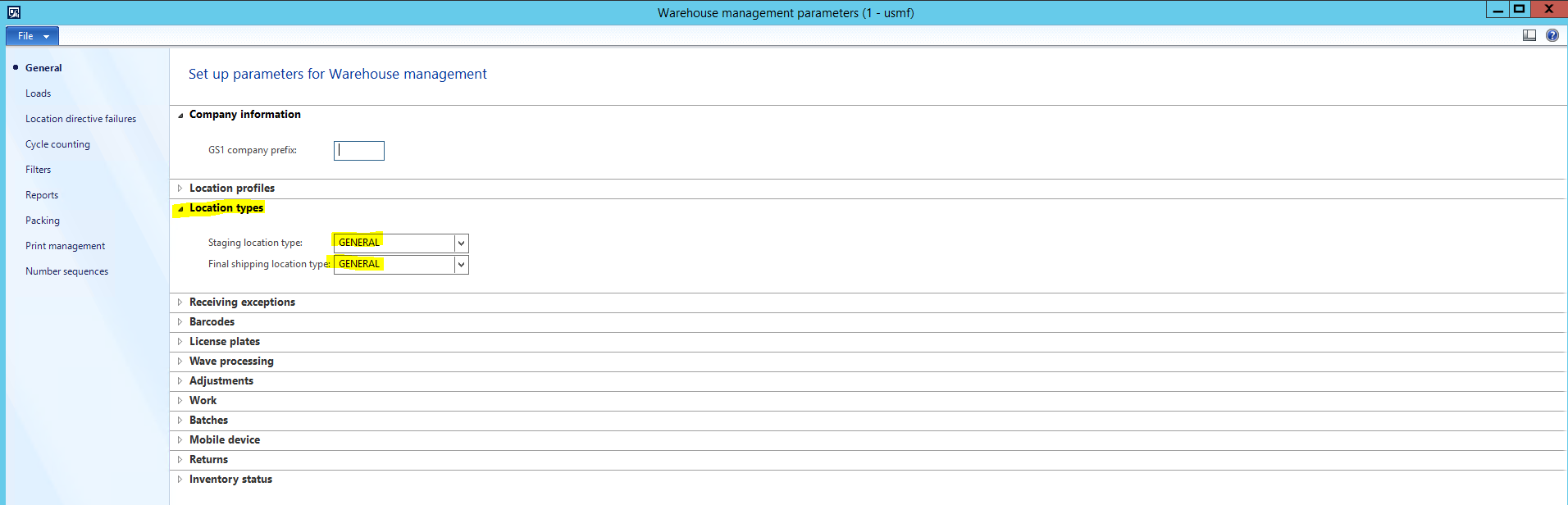 Warehouse management parameters.