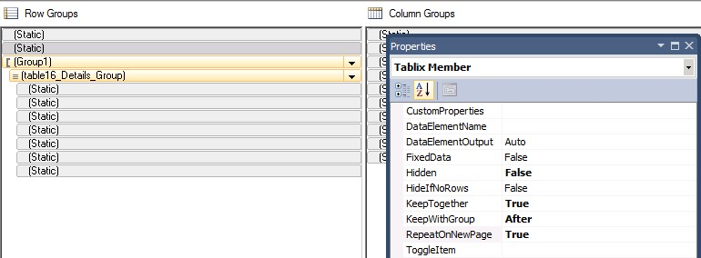 Row groups and column groups. Setting properties for both static header rows.