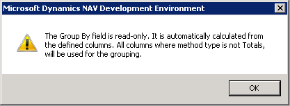 The group by field is read-only warning message.