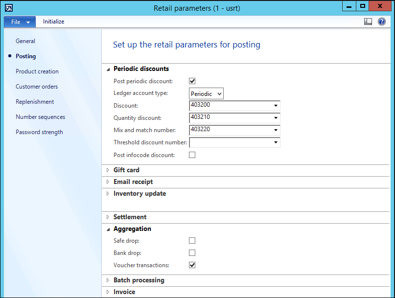 Set up the retail parameters for posting.
