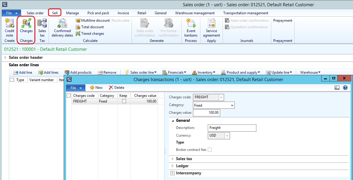 Assigning charges to the sales order header.