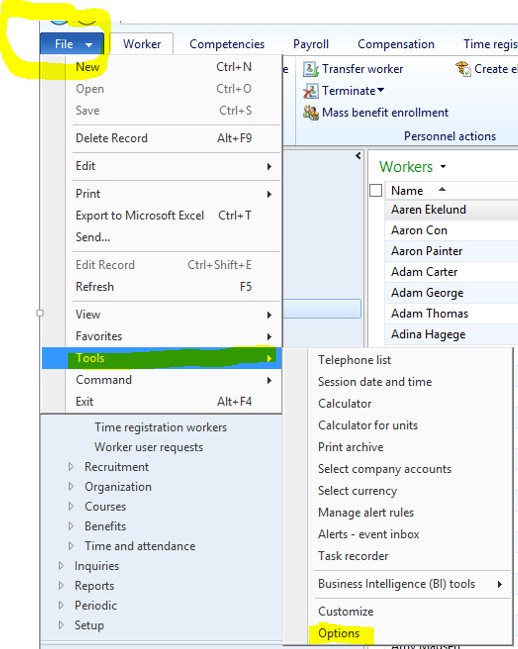 Dynamics AX menu bar, selecting file, then pointing to tools and clicking options.