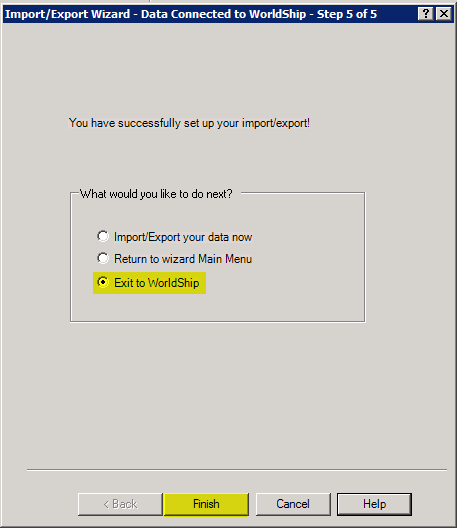Import/Export wizard, data connected to world ship, step 5 of 5.